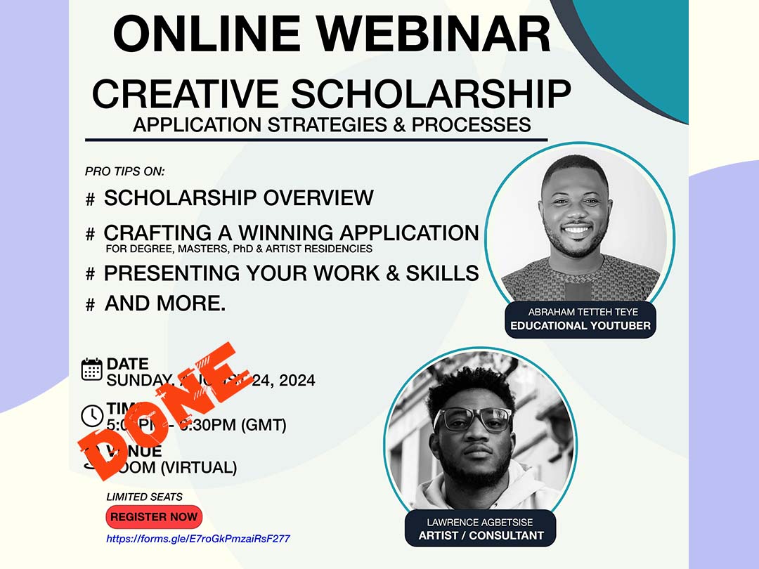 Flyer for the Creative Scholarship webinar — application strategies and processes.