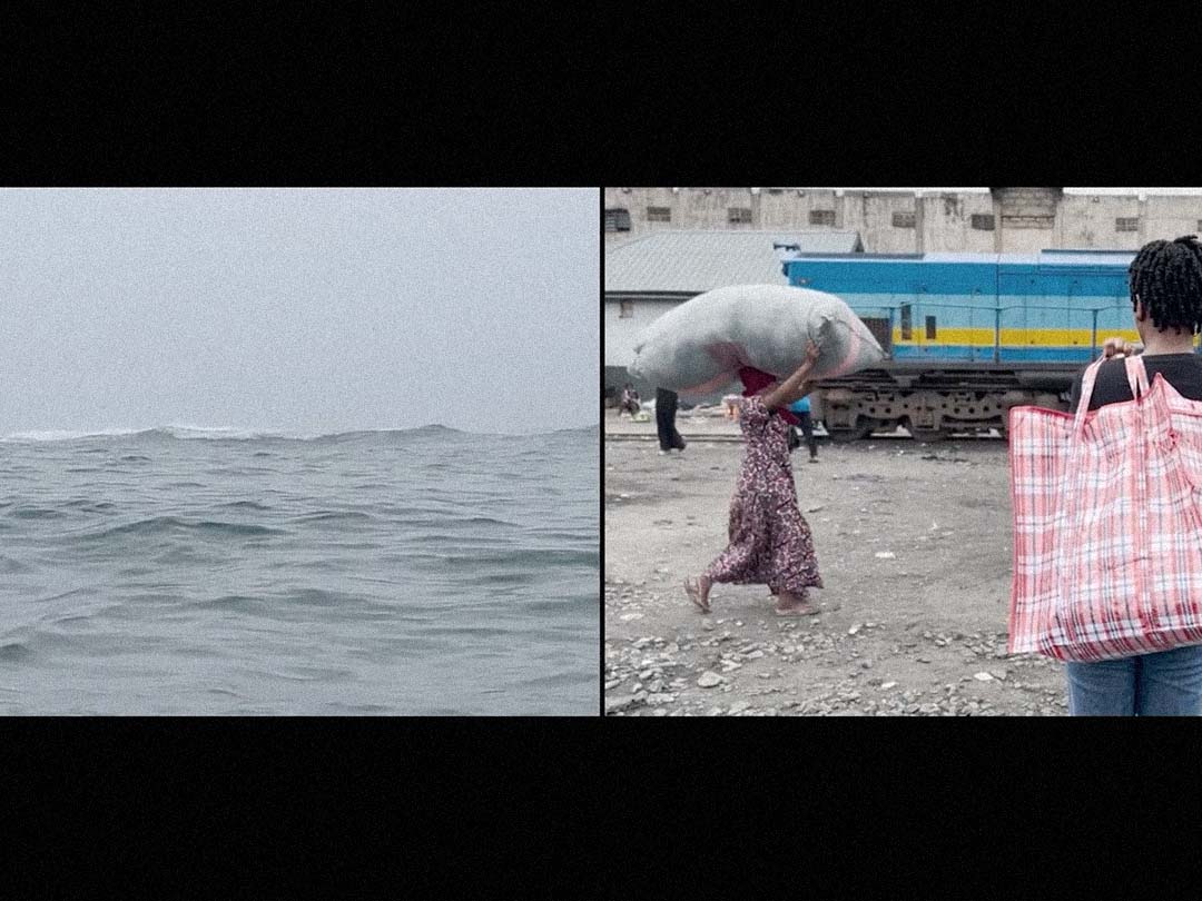 A two-channel still — open sea beside a woman carrying a Ghana Must Go bag.