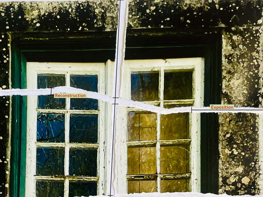 A weathered pair of windows overlaid with the annotations “Reconstruction” and “Exposition”.